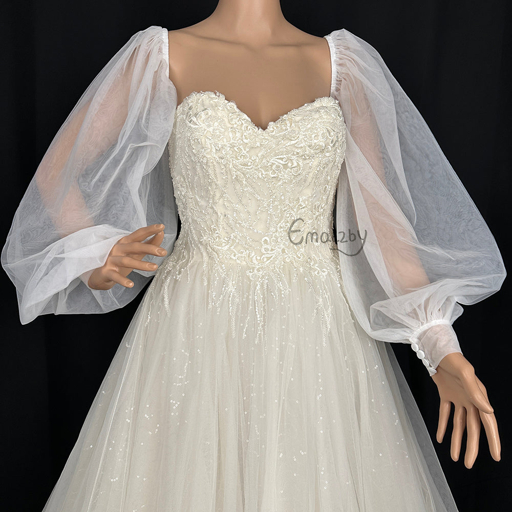 Puff Pearl Bridal Sleeves Wedding Gown Sleeves Removable Dress Sleeves Detachable Sleeves Puff Satin Sleeves tulle fingerless mittens