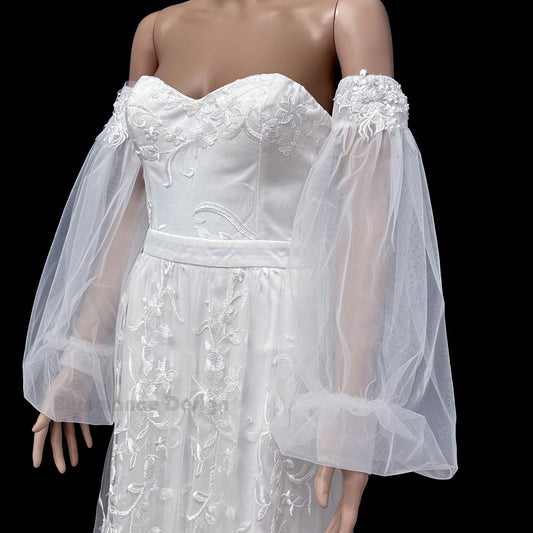 Long Boho beaded tulle detach wedding sleeve,  crystal  bridal sleeve