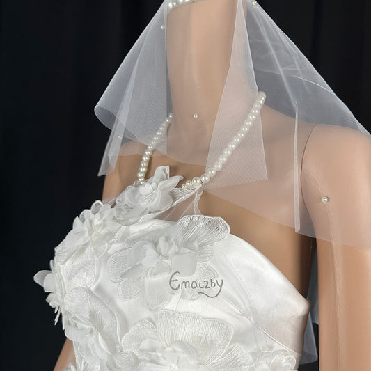 floral pearl straps bridal wedding dress topper, sheer tulle bridal dress cover up BYRDWP53