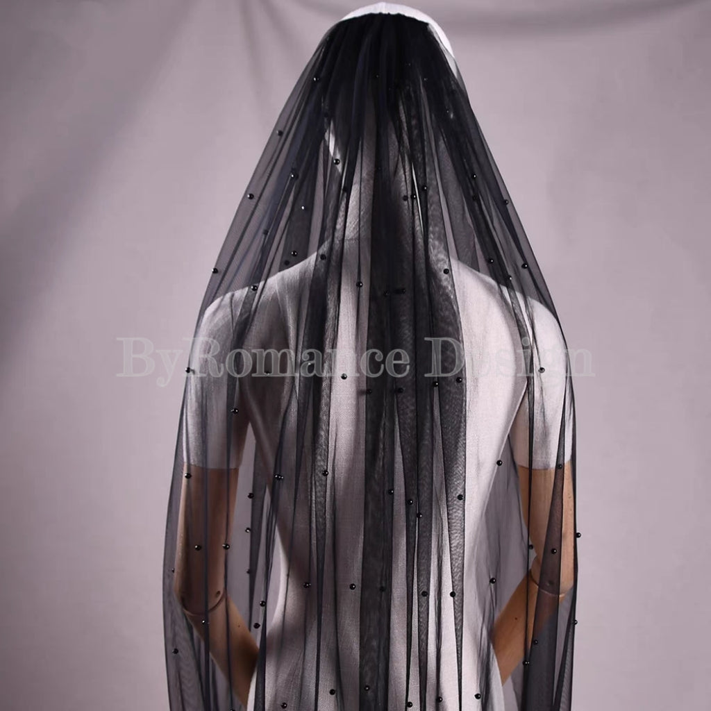 handmade pearl black tulle wedding brial veil