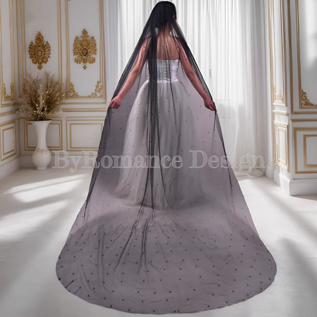 handmade pearl black tulle wedding brial veil