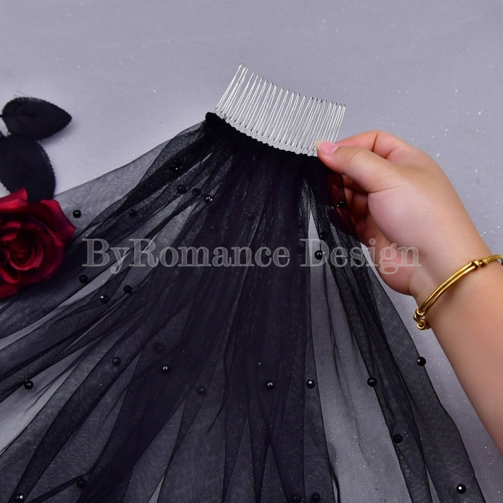 handmade pearl black tulle wedding brial veil
