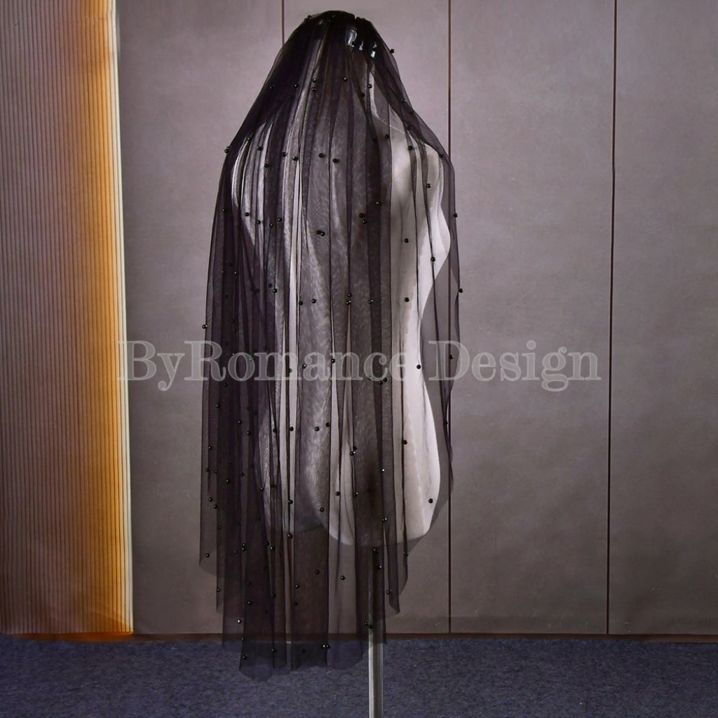 handmade pearl black tulle wedding brial veil