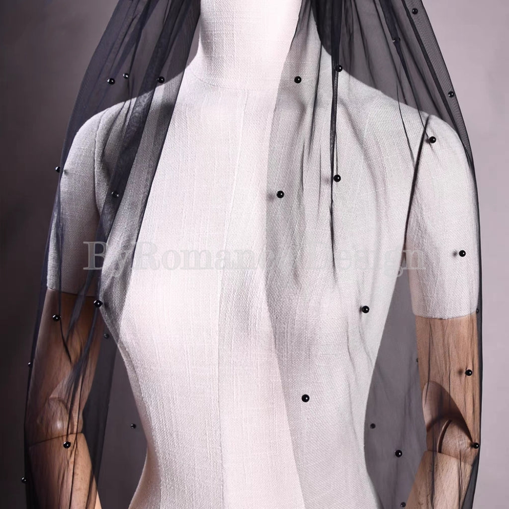 handmade pearl black tulle wedding brial veil