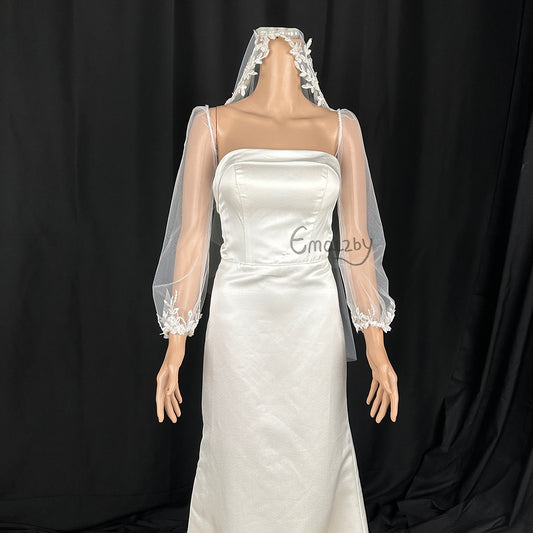 long bohemian sheer tulle bridal sleeve,detachable elegant wedding dress sleeve,lace sleeves BYRDSL109