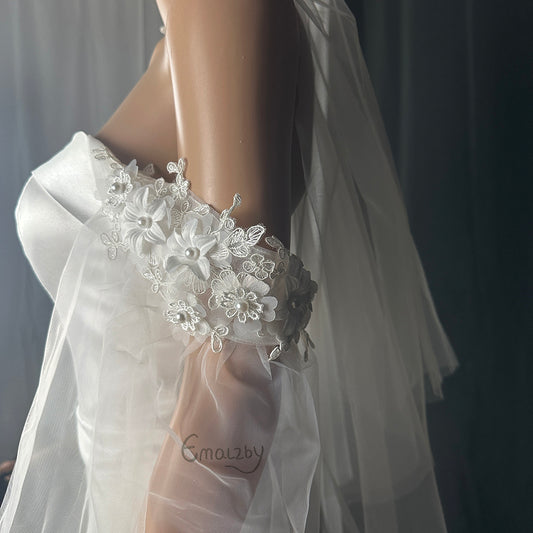 EMALZBY 3d flower pearl detachable sleeves for wedding dress,remocable tulle sleeves for bridal BYRD108