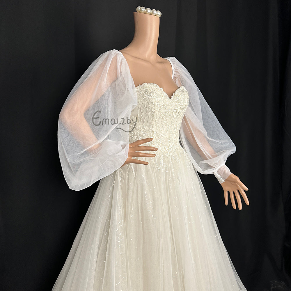 Puff Pearl Bridal Sleeves Wedding Gown Sleeves Removable Dress Sleeves Detachable Sleeves Puff Satin Sleeves tulle fingerless mittens