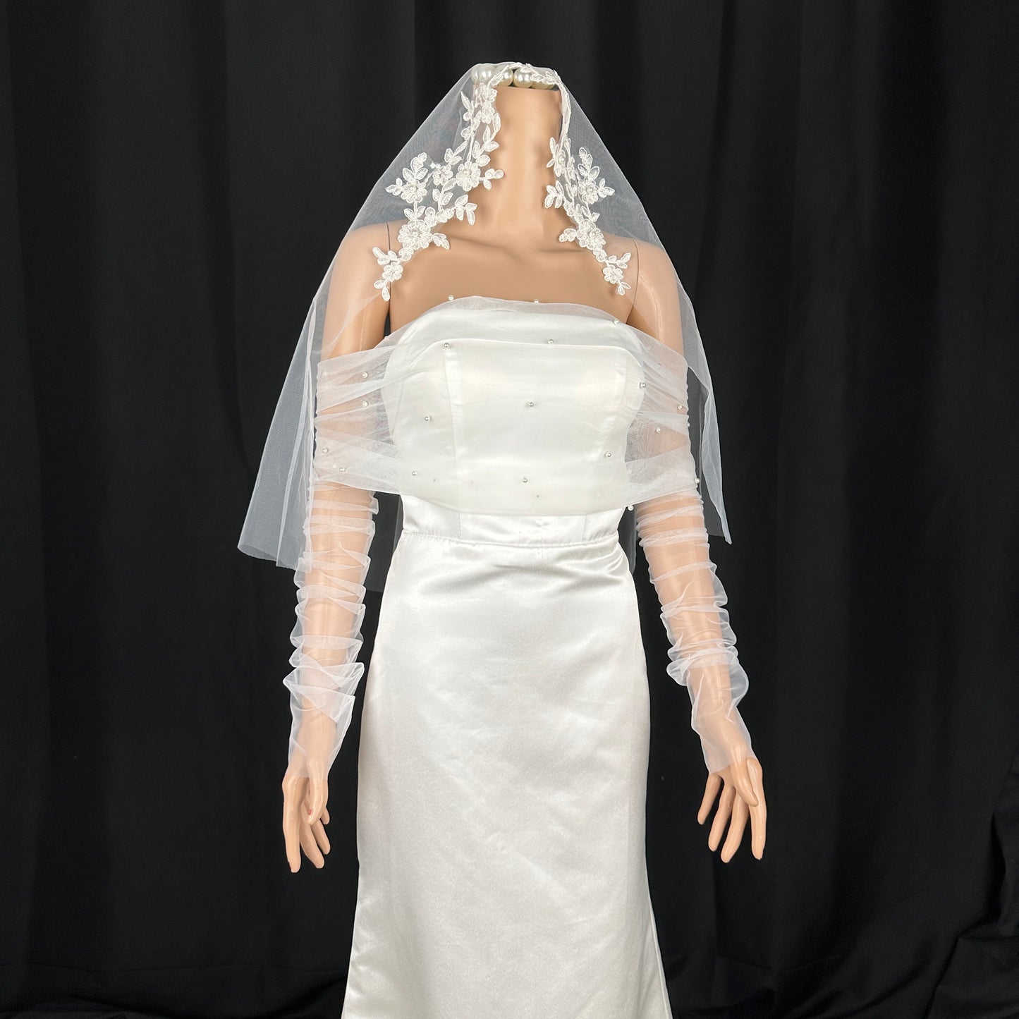 Bridal Pearl Lux Bridal Sheer Tulle topper with Long Sleeves. Modern Bridal Top BYRDWP52