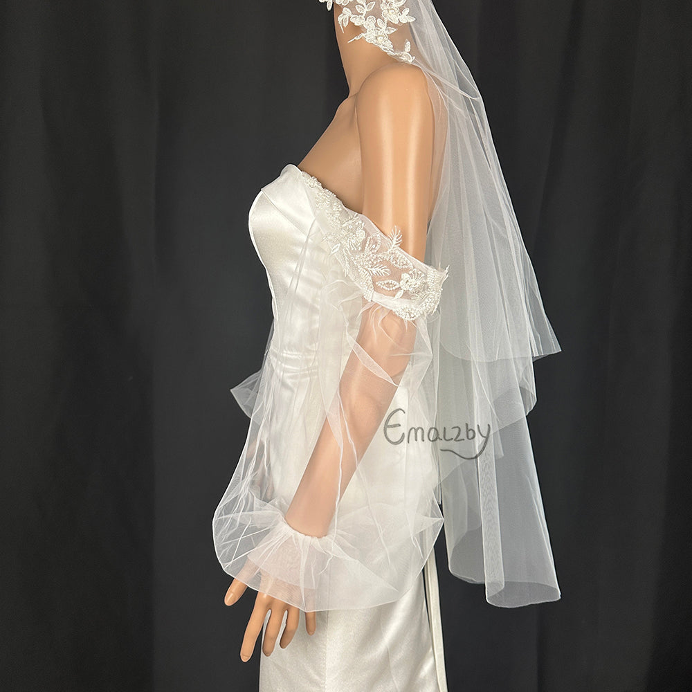 EMALZBY beaded embroidery detachable sleeves for wedding dress,detach tulle sleeves for bridal BYRD109