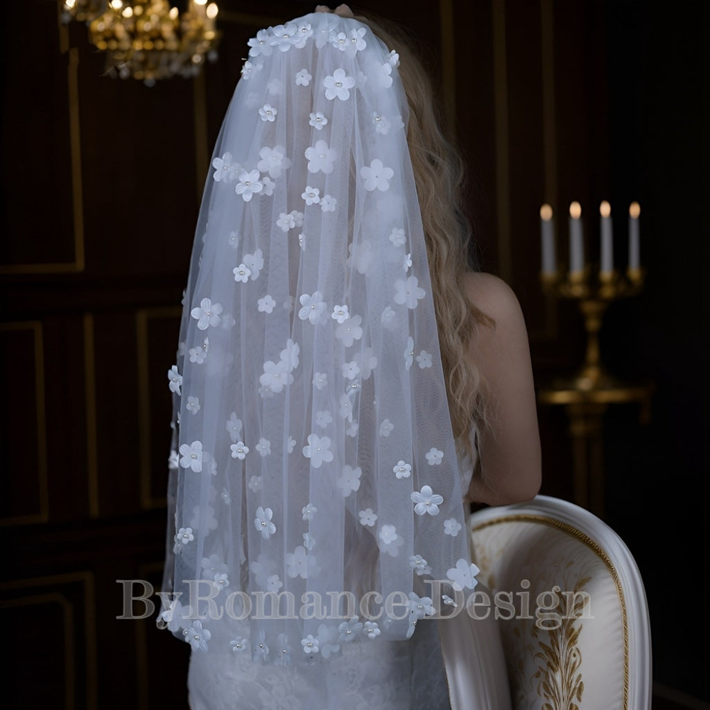 handmade 3D pearl flower tulle wedding veil