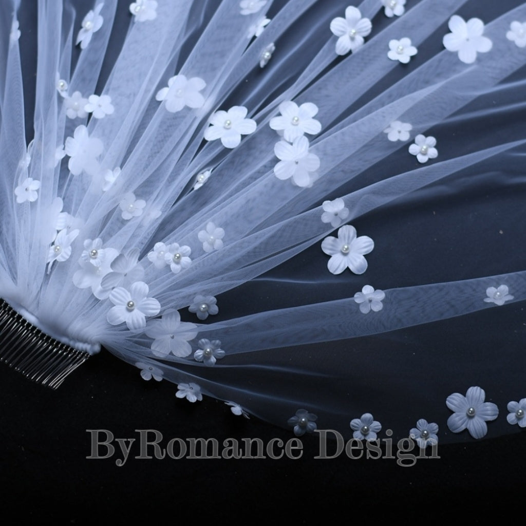 handmade 3D pearl flower tulle wedding veil