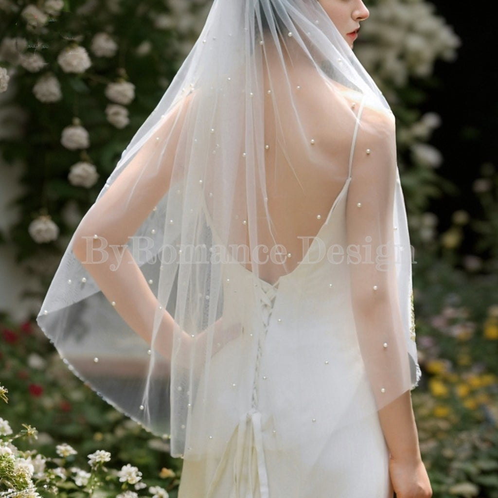 handmade pearl tulle wedding veil