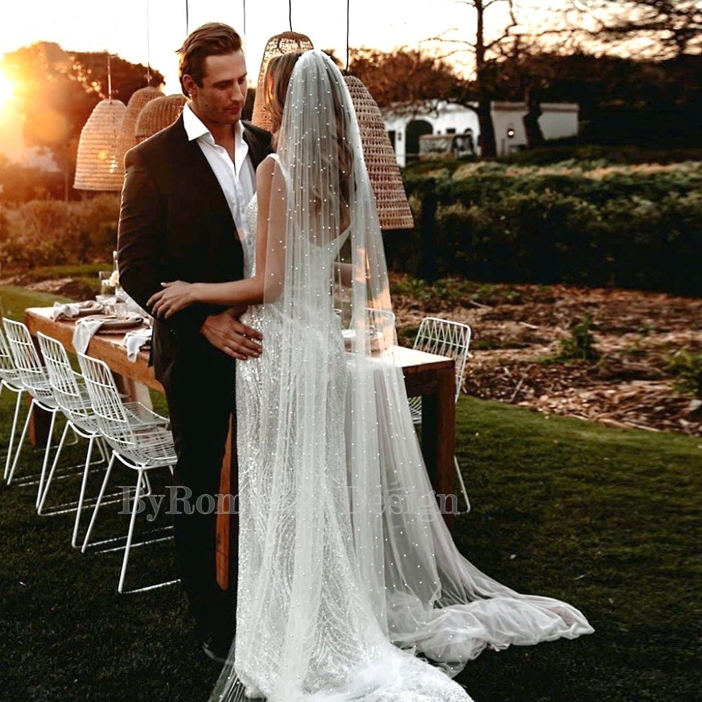 handmade pearl tulle wedding veil