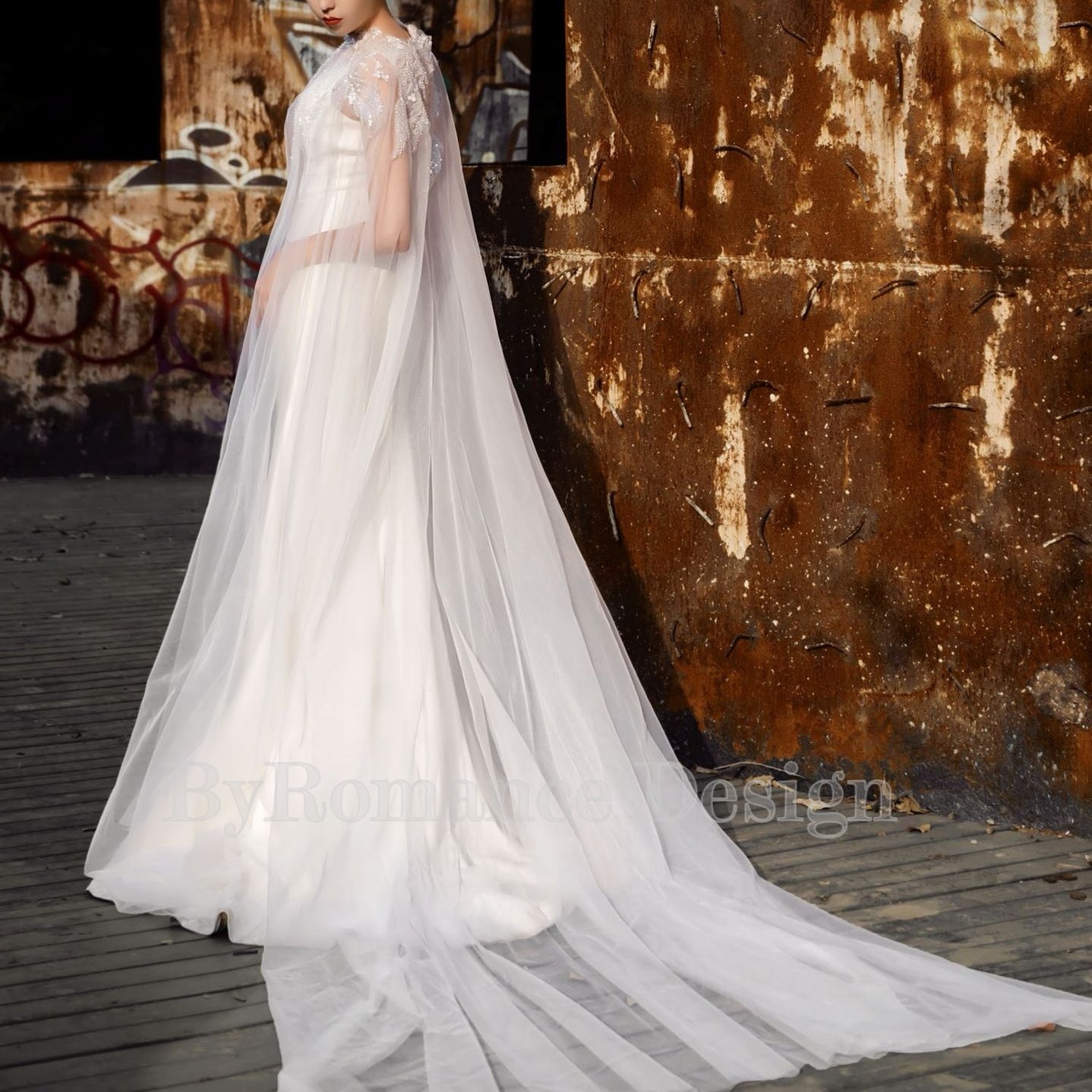 Handmade sequin embroidered lace trailing shawl, bridal wedding cape,long tulle