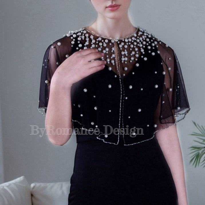EMALZBY Customized pearl wedding dress topper,black bridal wedding top,pearl gown