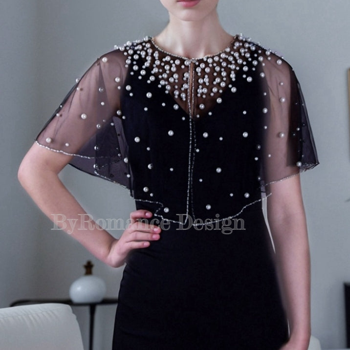 EMALZBY Customized pearl wedding dress topper,black bridal wedding top,pearl gown