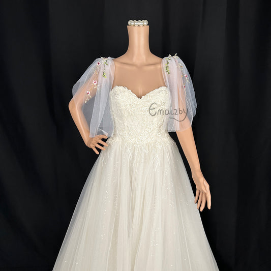 Wildflower embroidered bridal sleeves， wedding day shoulder veil