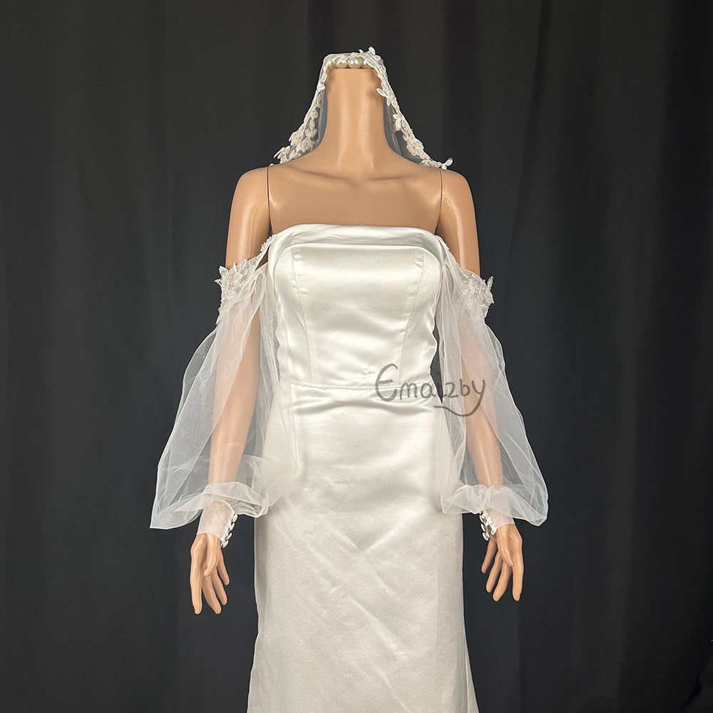 EMALZBY beaded embroidery detachable sleeves for wedding dress,detach tulle sleeves for bridal BYRD109